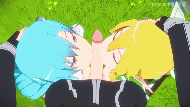 Sword Art Online Leafa & Asuna x Kirito double blowjob thumbnail